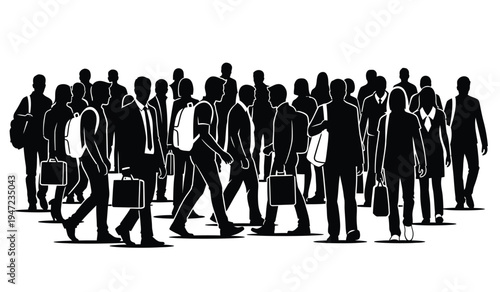 A dense crowd of people walking together in a busy urban setting as a solid black silhouette shape