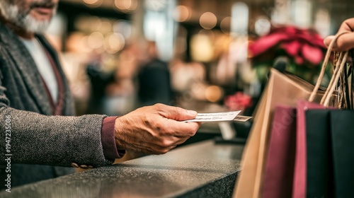 cashier handing receipt to customer with shopping
