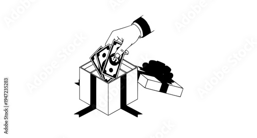 Isometric man hand putting money into gift box financial bonus and savings concept isolated on white background vector