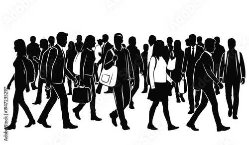 A crowded scene showing a diverse group of people walking together in a busy urban environment