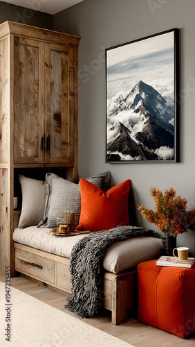 Cozy Orange Accent Chair in Modern Reading Nook: Vibrant Home Decor with Abstract Art