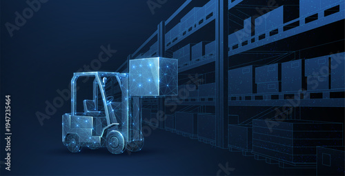 Glowing digital forklift moving a box in warehouse. Industrial technology, logistics automation, storage management, inventory control, smart warehouse concept. Vector illustration