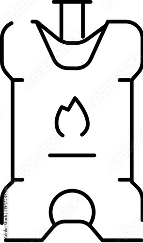 Portable camping wood stove line art icon symbolizing lightweight, compact outdoor heater and cooking gear for camping, backpacking, wilderness exploration, survival and cold weather trips