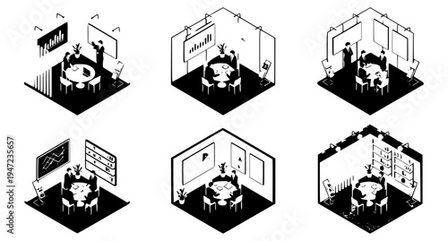 Isometric trade show exhibition booths with business people networking and negotiating isolated on white background vector set