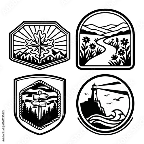 Outdoor adventure nature badge bundle with compass leaf trail lighthouse and scenic path