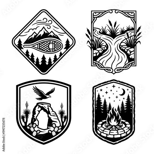 Wilderness camping landscape badge bundle with mountain marsh desert arch and campfire