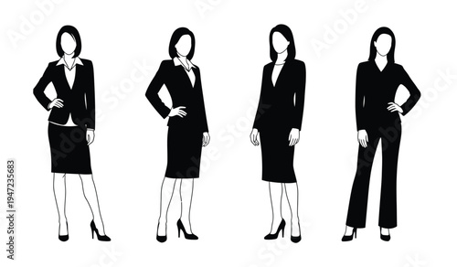 A collection of four professional businesswomen standing in formal attire for corporate settings