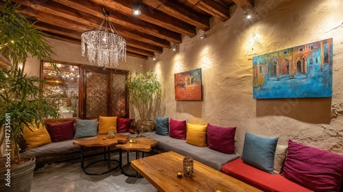 Cozy lounge area with rustic wooden tables and vibrant cushions.