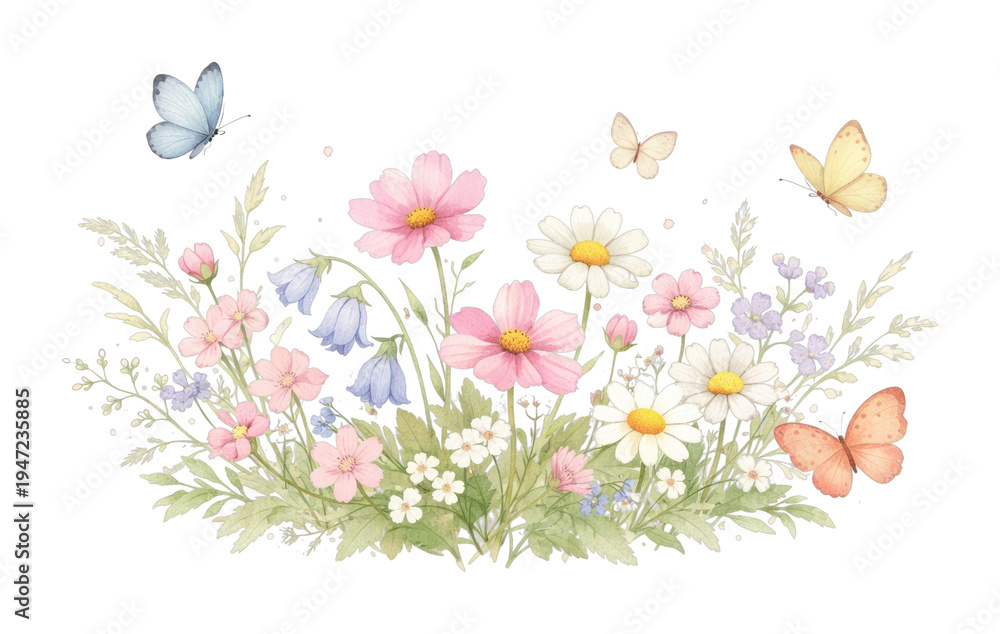 Naklejka premium PNG Delicate watercolor flowers with butterflies.