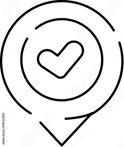 Heart shape inside a gps map marker pin, illustrating a concept of love, romantic travel, favorite places, and digital dating app destinations with a simple line art icon style