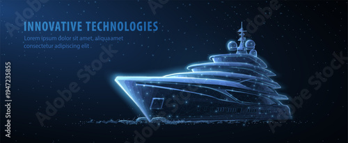 Luxury yacht in glowing digital wireframe on dark sea background. Marine transport, nautical engineering, cruise vessel, futuristic navigation, ocean travel concept. Vector illustration