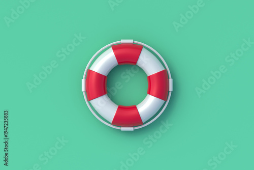 Lifebuoy on green background. Ring for rescue. Survival equipment. Top view. 3d render