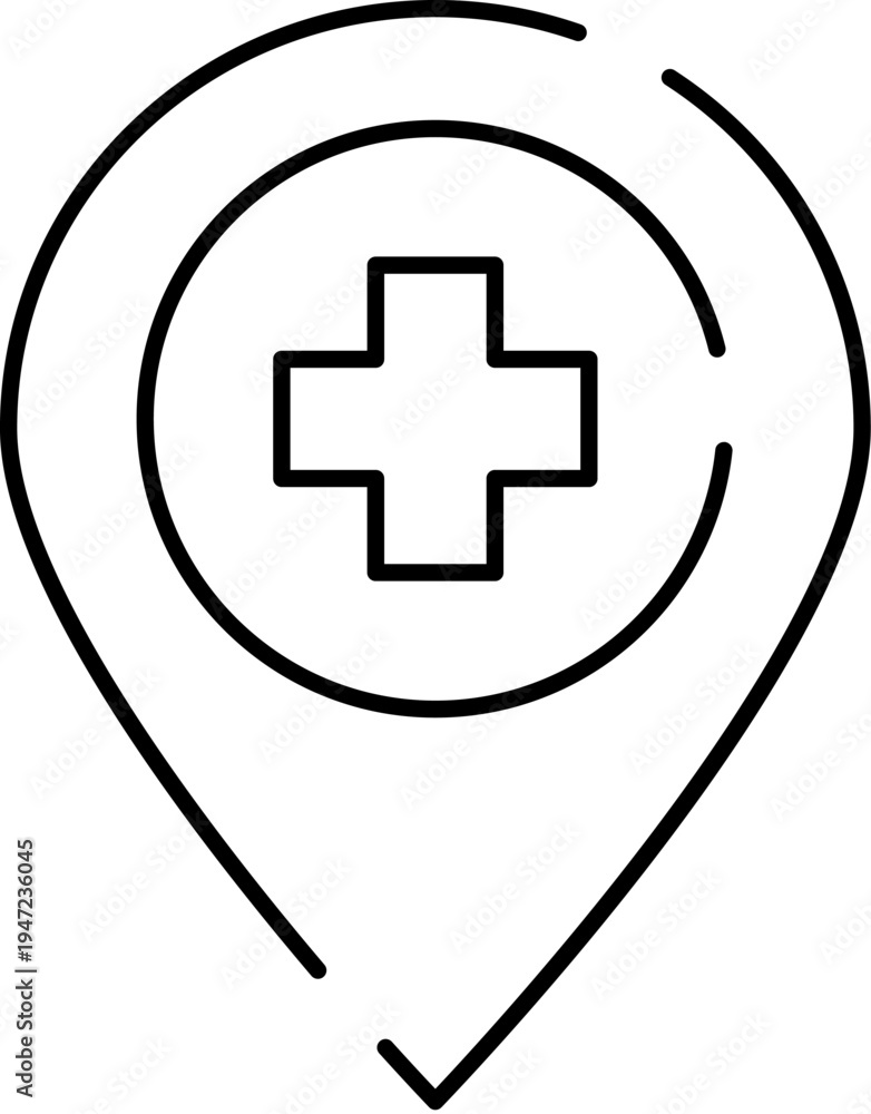 Fototapeta premium Map location pin with a medical cross at its center, symbolizing nearby healthcare facilities clinics, hospitals, pharmacies and emergency services for easy navigation and access