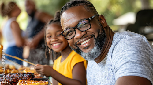 African American father and daughter laughing, celebrating Juneteenth holiday with family and friends, enjoying outdoor barbecue cooking meat and ribs on the grill.