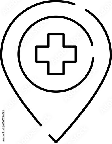 Map location pin with a medical cross at its center, symbolizing nearby healthcare facilities clinics, hospitals, pharmacies and emergency services for easy navigation and access