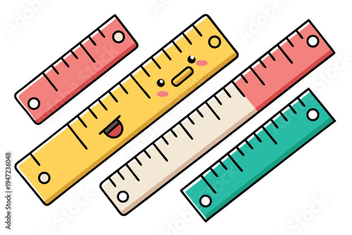 Adorable, colorful cartoon rulers and measuring tapes featuring happy and shy facial expressions for children