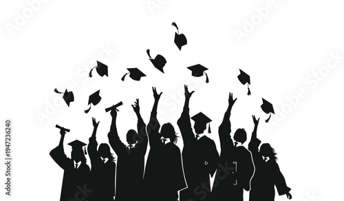 A silhouette of a group of excited students celebrating their graduation by throwing caps in the air