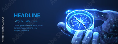 Hand holding glowing compass on dark blue background. Navigation technology, direction guidance, GPS route planning, travel orientation, smart location concept. Vector illustration