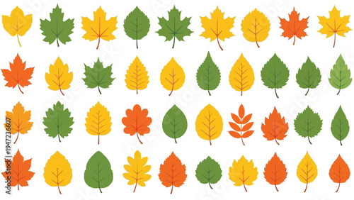 Colorful collection of autumn-themed leaf icons in various shapes and designs Vector