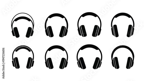 Collection of nine different styles of headphones arranged in a grid pattern Vector