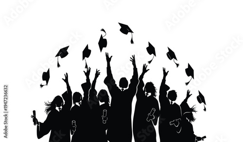 A group of happy graduates in academic robes throwing their caps into the air in celebration