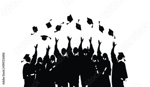 A group of happy graduates throwing their mortarboard caps into the air during a celebration event