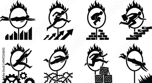 Eight black and white icons depicting people overcoming various business and life challenges, symbolizing progress, hurdles, and determination.