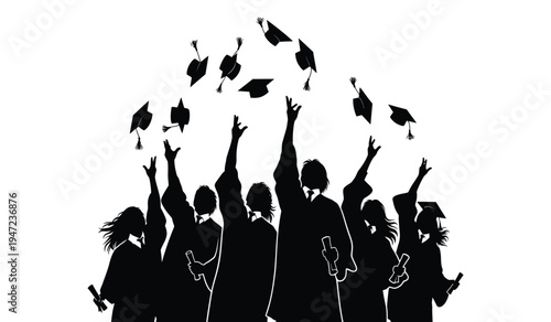 Group of students in graduation gowns throwing their square academic caps into the bright air sky