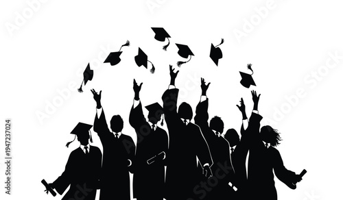 A group of happy graduates throwing their mortarboard caps into the air to celebrate success
