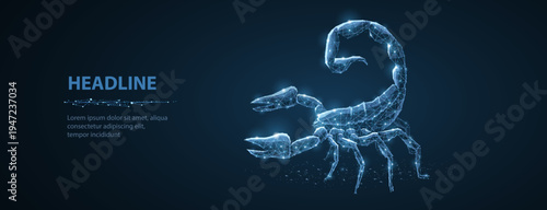 Glowing digital scorpion on dark blue background. Animal wireframe, futuristic creature, cyber design, abstract wildlife, technology style, dangerous predator concept. Vector illustration