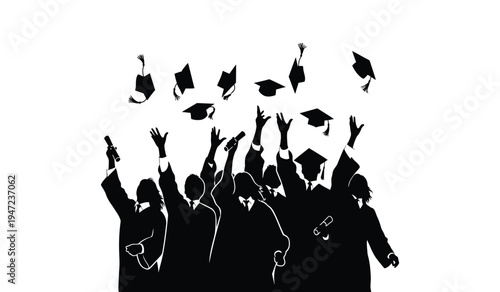 A group of happy students in graduation gowns tossing their caps high into the air in celebration