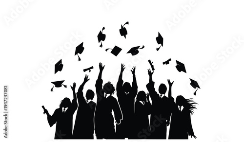 A group of happy graduates celebrating their academic achievement by throwing caps in the air