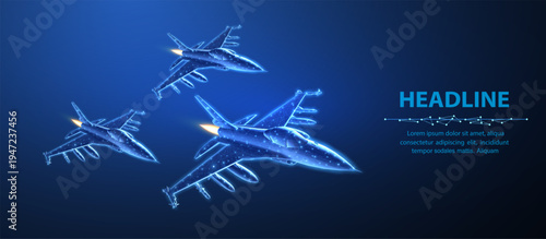 Group of military fighter jets with glowing digital wireframe effect. Air force aviation, defense technology, combat aircraft, engineering formation, future mission concept. Vector illustration