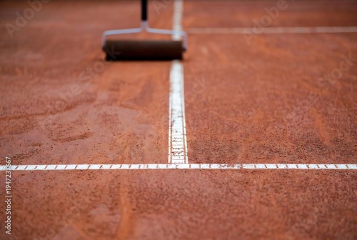 A tennis court roller is smoothing the red clay surface. It’s a tennis court, likely being maintained.