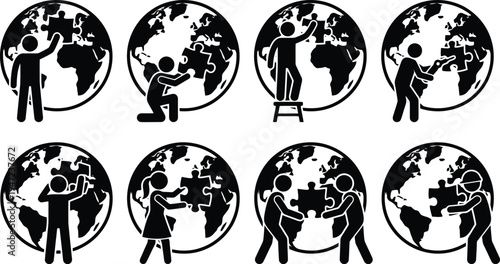 Stick figures collaborating to assemble a puzzle on a globe, symbolizing global teamwork and connection.