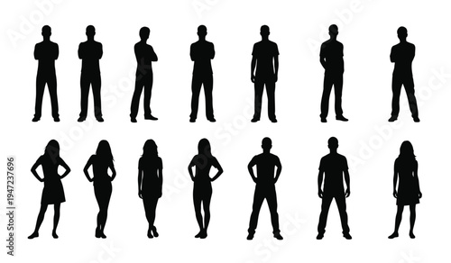 A collection of diverse human silhouettes standing in various poses arranged in two horizontal rows