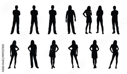 A collection of twelve different human silhouettes standing in various casual and formal postures