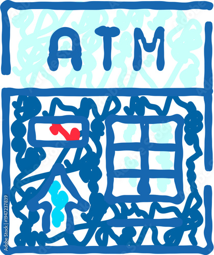 Automated teller machine doodle artwork illustrating a common banking service for convenient cash withdrawals and financial transactions available daily