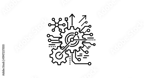 Abstract Digital Technology Concept: Gears, Circuits, and Network Connections