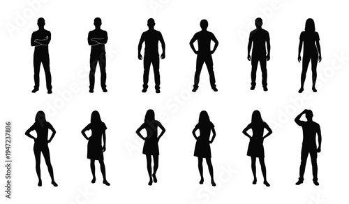 A collection of twelve diverse human silhouettes representing various standing poses and postures