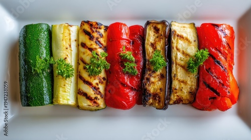 Row of vibrant grilled and fresh vegetables displayed neatly on a white serving dish