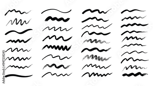 Abstract collection of wavy and jagged line patterns in monochrome. Vector