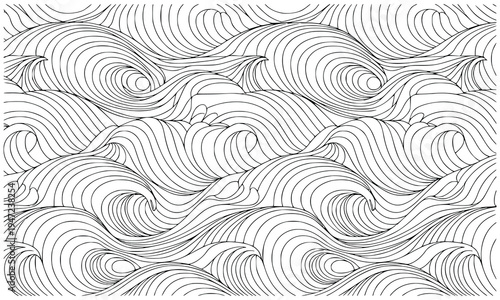 Swirling oceanic wave pattern showcasing elegant fluid lines and repetitive water movements for tranquil nature backgrounds and artistic home decor