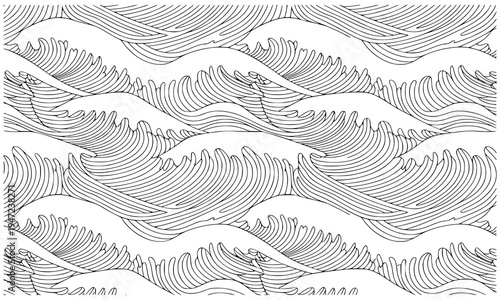 Traditional ocean wave pattern in oriental art style featuring repetitive crests and foamy water for decorative fabric and japanese theme backgrounds