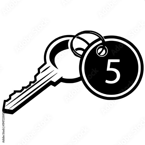 Black silhouette illustration of two keys on a circular keyring, simple flat vector graphic, minimal design, no shadows, centered composition, white or light grey background.