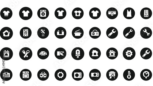 Diverse collection of circular icons featuring various symbols and graphical elements. Vector