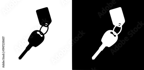 Black silhouette illustration of two keys on a circular keyring, simple flat vector graphic, minimal design, no shadows, centered composition, white or light grey background.