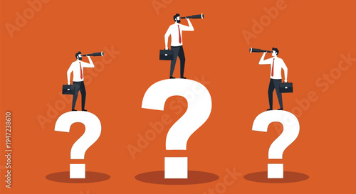 Businessmen standing on question marks seeking answers