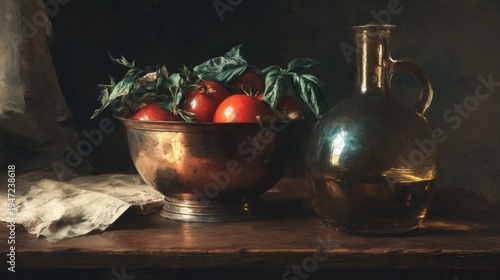 Still life composition depicts ripe tomatoes in a metal bowl beside a glass cruet filled with golden liquid