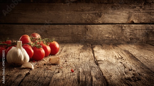 Fresh vine ripe tomatoes and a bulb of garlic rest upon an aged, dark wooden surface with scattered seasonings.